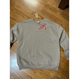 Oat Collective Red Bow Graphic Oversized Sweatshirt Tan Taupe XL New